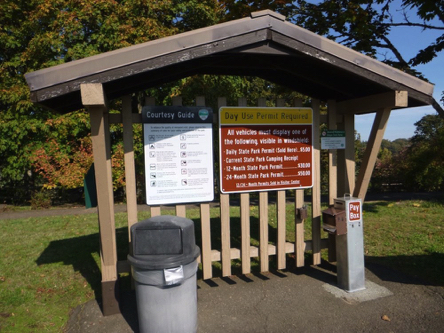 Informational kiosk at visitor center – pay station for day use permit –  courtesy guide rules – garbage can